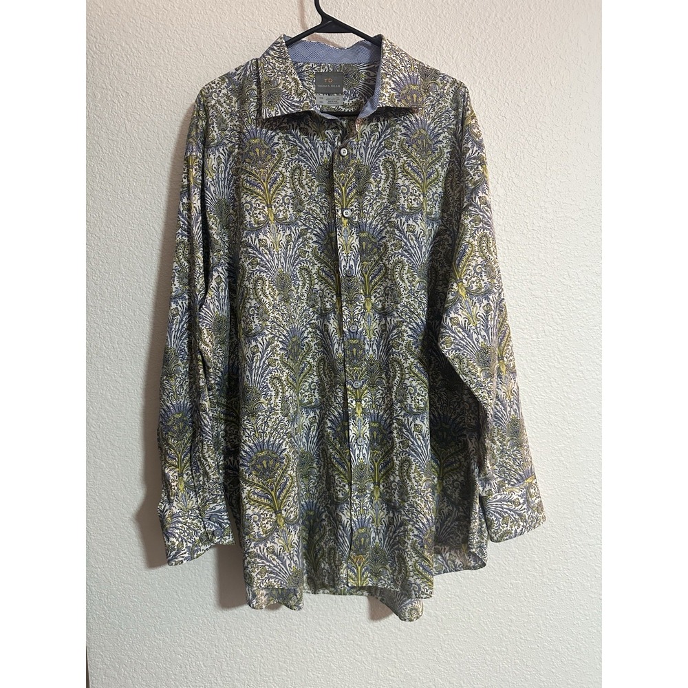 Thomas Dean TD Men's 3XB Paisley Button-Up Shirt Blue Green Yellow Cotton